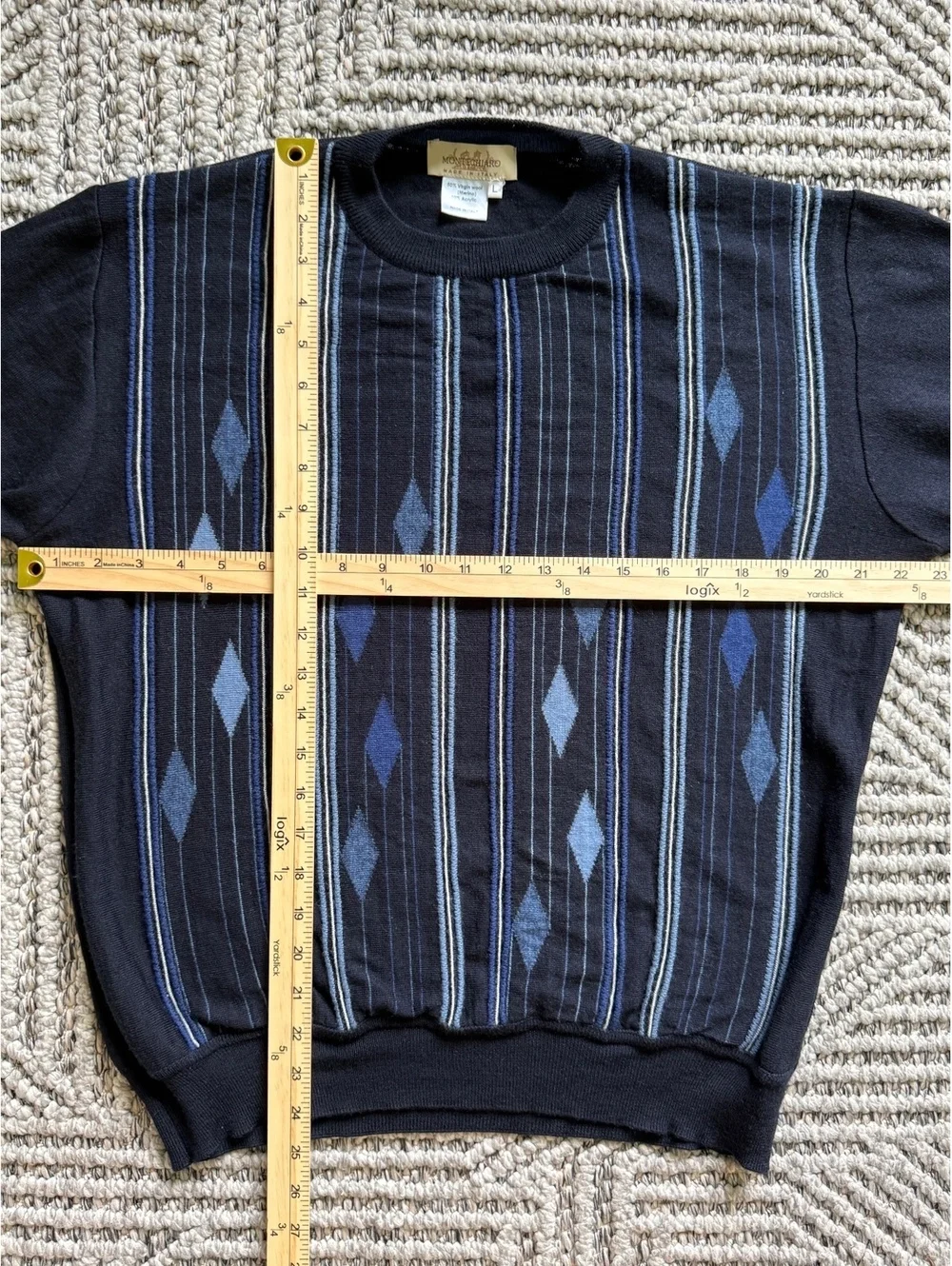 Montechiaro Italy Sweater Mens L Vintage Blue Gray Striped V Neck Cotton/Acrylic
